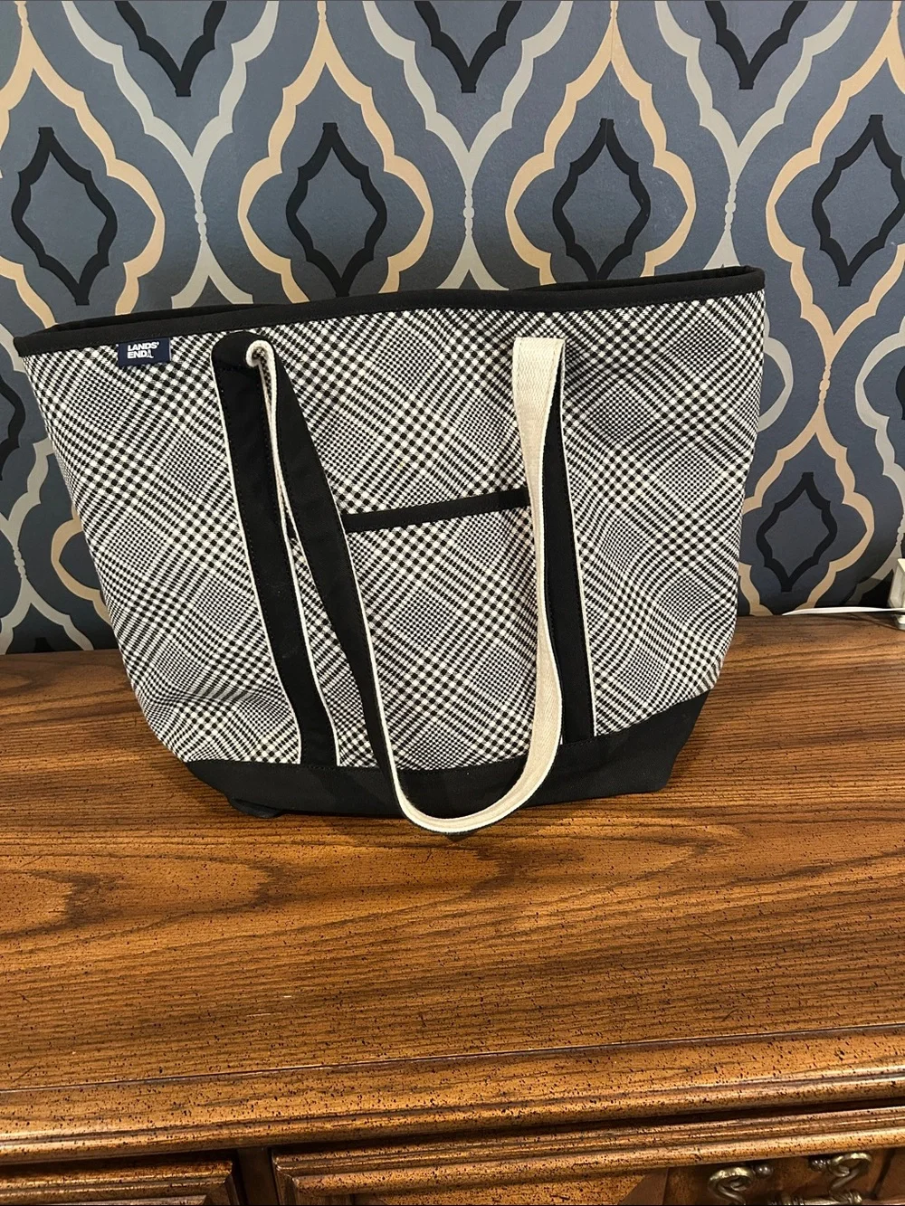 Lands' End Large Black and White Plaid Canvas Tote with long Straps with Zipper - Picture 1 of 6